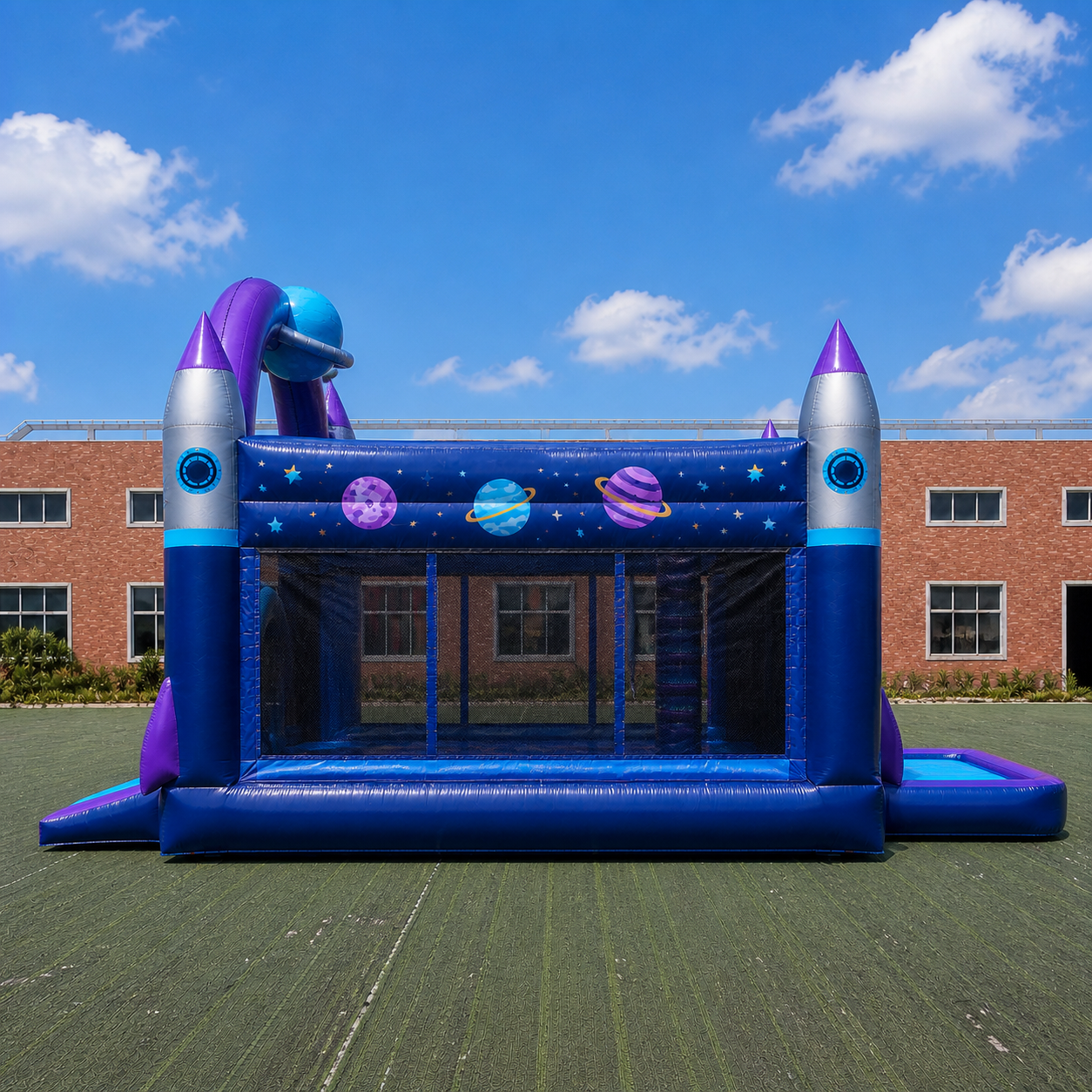 Commercial Space Explorer Inflatable Trampoline and Slide Combo with Safety Mesh Internal Climbing Steps and Shallow Landing Pool
