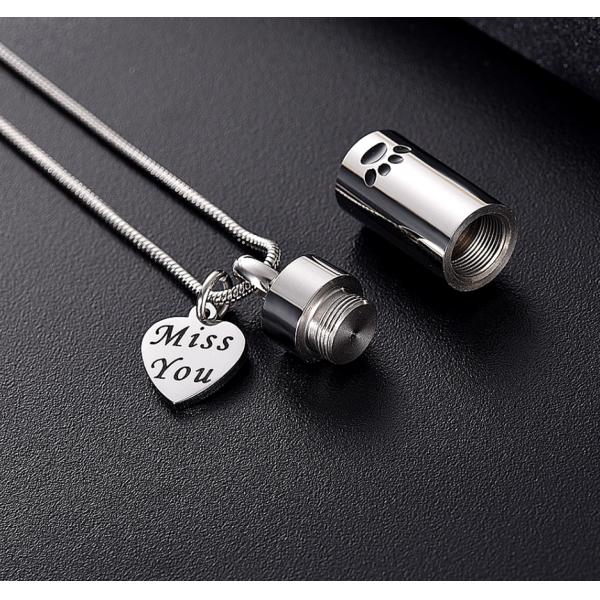 Pet Paw Print Cylinder Keepsake Necklace for Dog Cat Ashes Pet Memorial Picture Jewelry