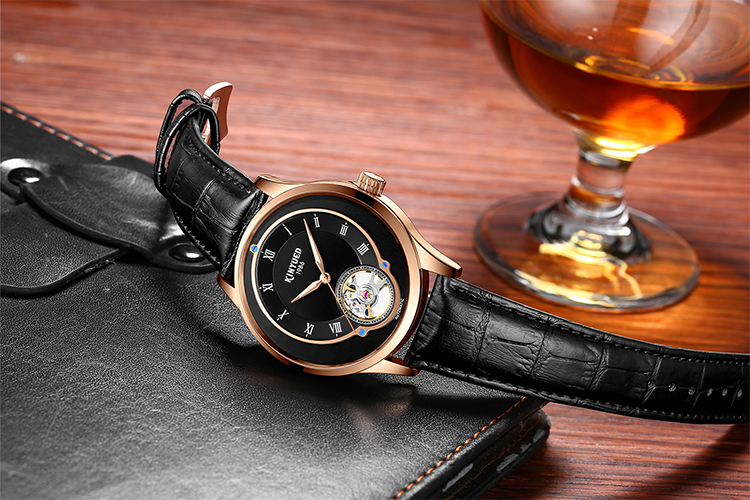 Classic Tourbillon Mechanical Watch Water Resistant Genuine Leather Band