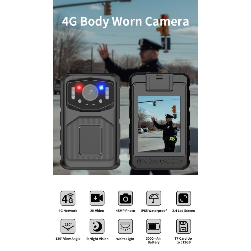 Factory OEM/ODM 4G Body Worn Camera 2K HD Video 48MP Photo IP68 Waterproof 2.4 LCD Screen IR Night Vision Security Body Camera