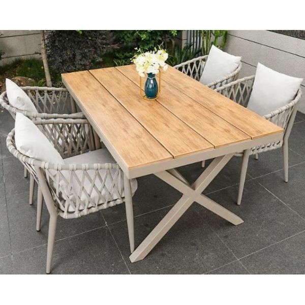 4pcs Chairs Outdoor PolyWood Table And Rope Chair Set Long Table Waterproof Patio Garden Furniture Wholesale