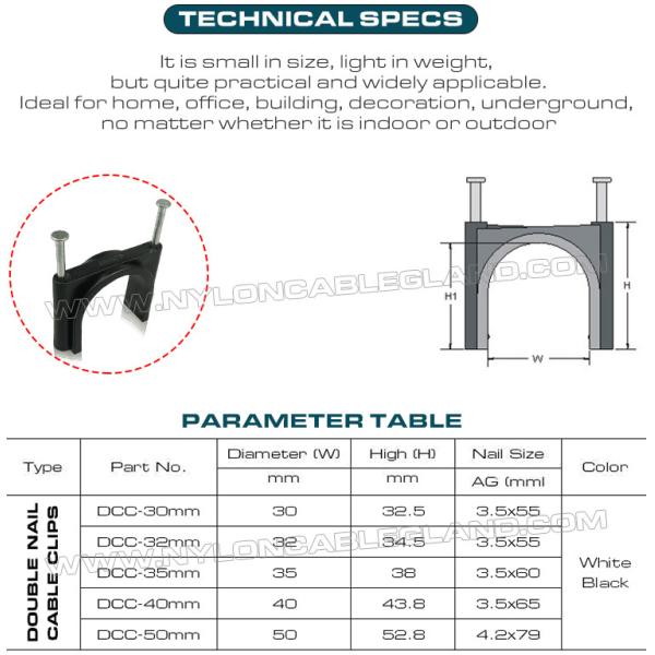Double Nail Cable Clips (Double Nail Pipe Clips), Round Type, Two Steel Nails, Polyethylene, White/Black, 30mm~50mm, For Large Cables