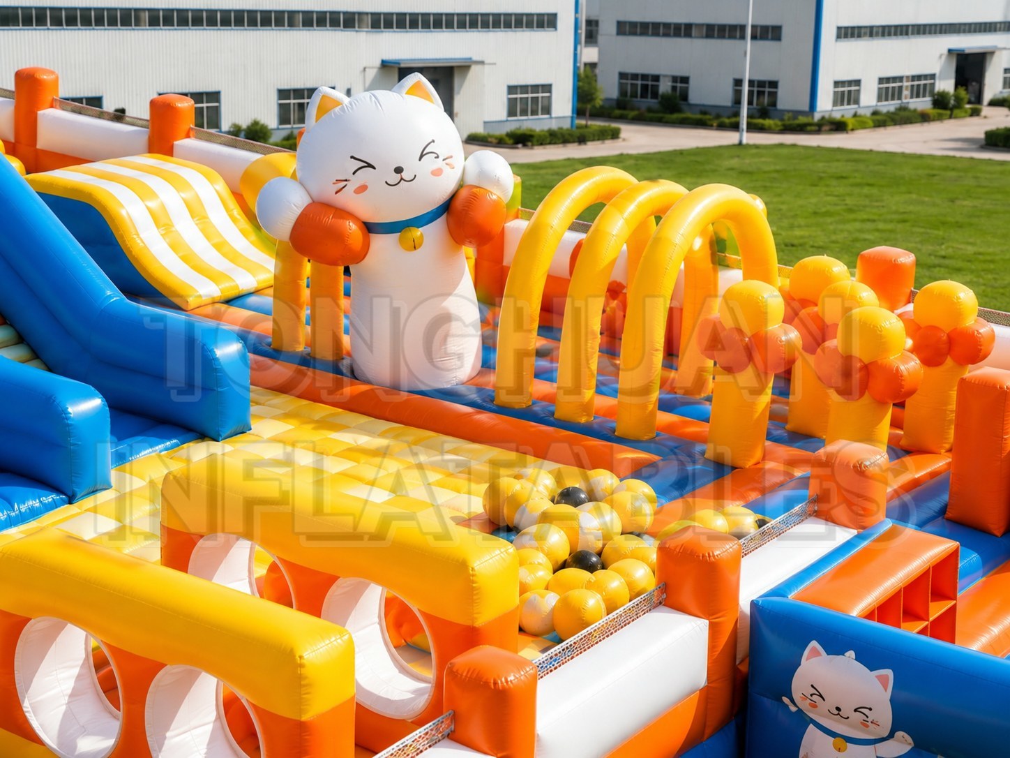 Custom Inflatable Amusement Park with Cat Theme Slide Ball Pit Challenge Course and Modular Play Zones for Commercial Projects