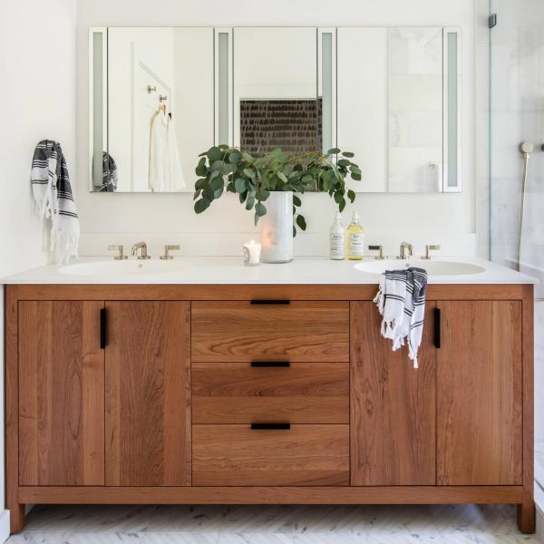 Solid  Wooden Bathroom Vanity Units Brown Wood Texture