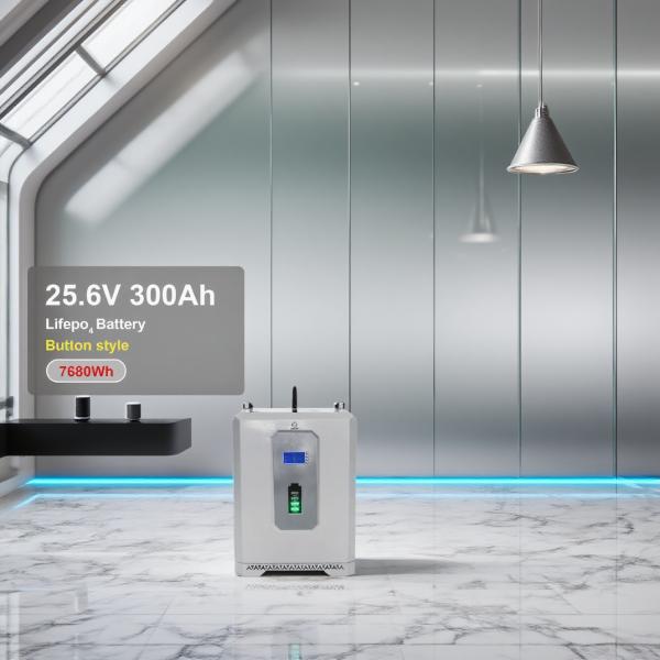 7680Wh Botón estilo LiFePO4 Batería 25.6V 300Ah Sistema solar, 8000 ciclos, protección BMS, fácil instalación, uso solar en el hogar