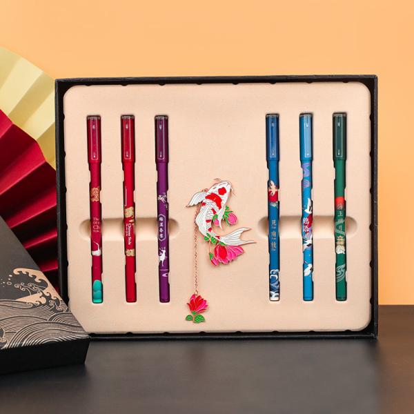 Chinese Style Colorful Signature Pen Set Plastic Gel Pen With Folding Fan Bookmark