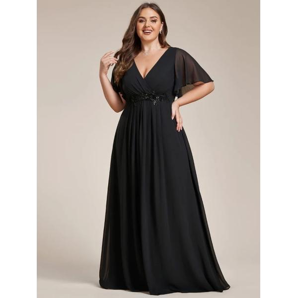 Empire Plus Size Applique Short Sleeve A-line V-neck Flutter Sleeves Invisible Zipper Navy Blue Chiffon Evening Dress
