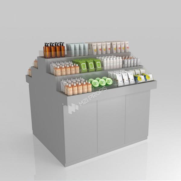 Retail Shop Table Grey Wooden Sample Island For Customized Shop Decoration And Luxury Display Shelf