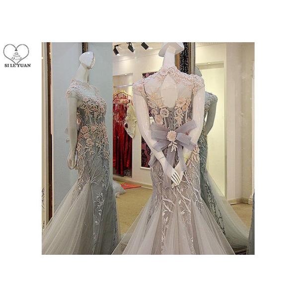 Purple And Pink Lace Mermaid Prom Dress High Collar Backless Flowers Tulle Tail