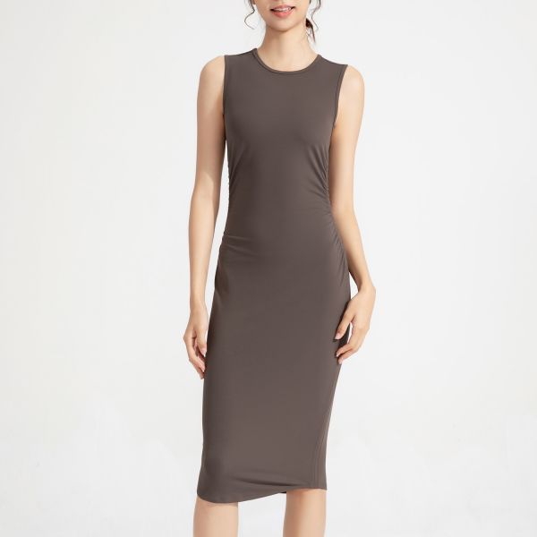 Office Bodycon Midi Dress Sleeveless Ruched Stretchy Slim Fit Breathable for Women