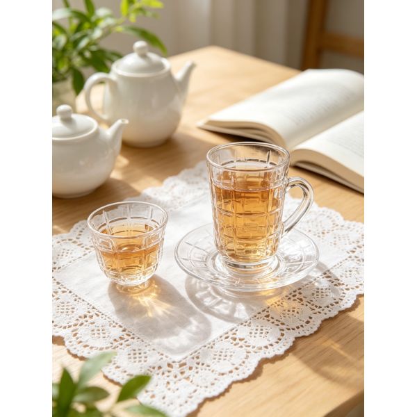 Complete 36-Piece Grid Pattern Glass Tea Serving Kit For Home & Cafe 12pcs Turkish Cups 12pcs Saucers 12pcs Cawa Cups