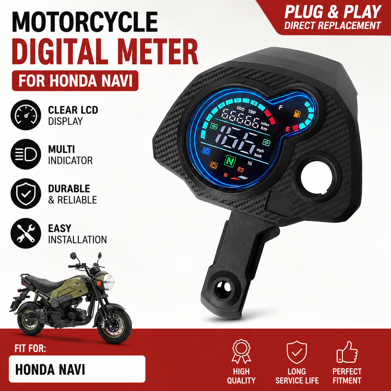 Digital speedometer with LCD display for Honda Navi 110 motorcycles, featuring total mileage, voltage display, oil level detection, and turn signal indicators.