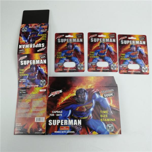 O comprimido 3d do sexo do superman 500k empola os cartões plásticos que empacotam para o realce masculino