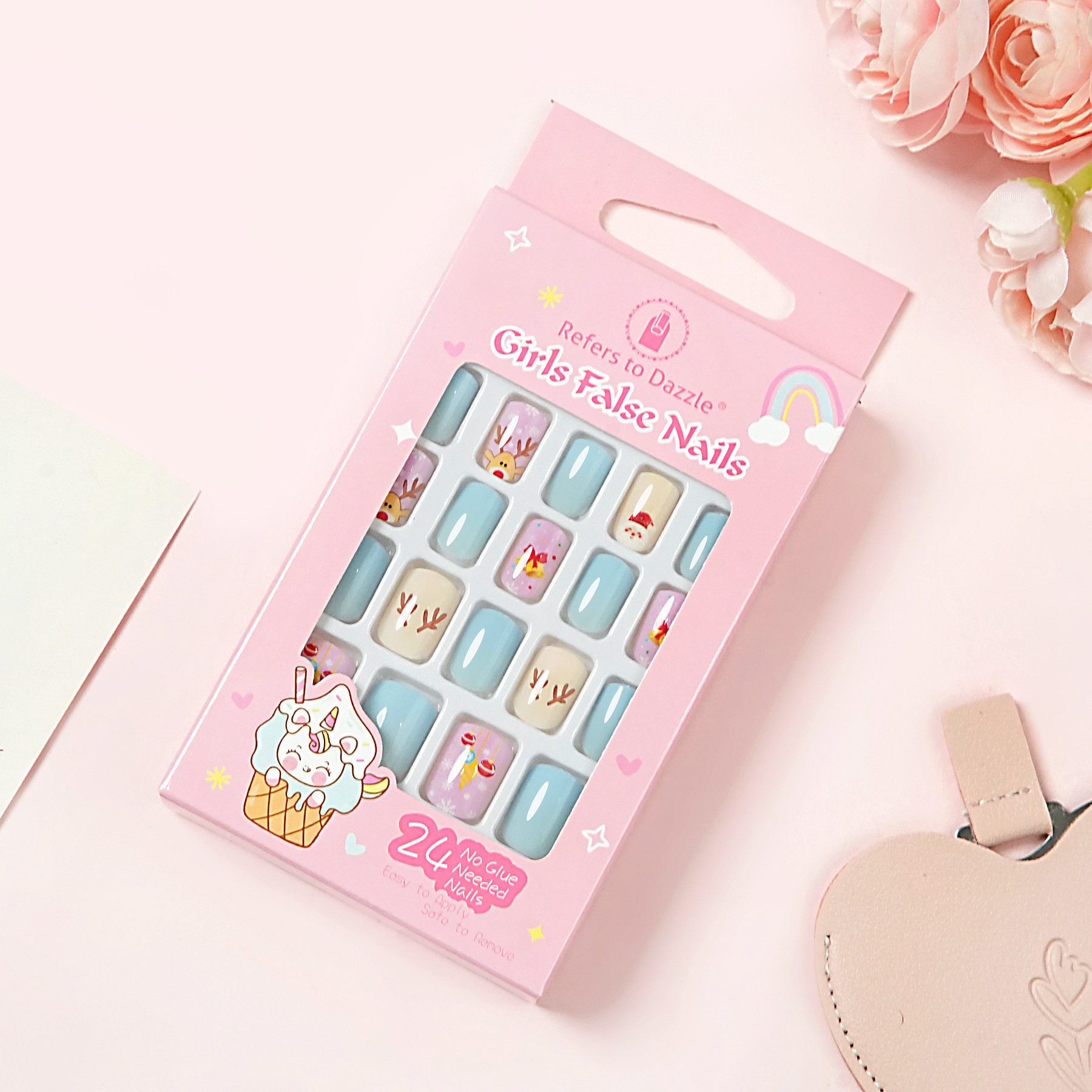 24pcs Cute Cartoon Self Adhesive False Nails Kids Press On Nails ABS Short