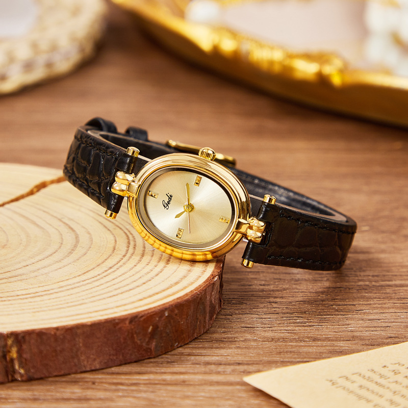 Vintage Women's Dress Watch – Sunburst Gold Dial Black Leather Strap