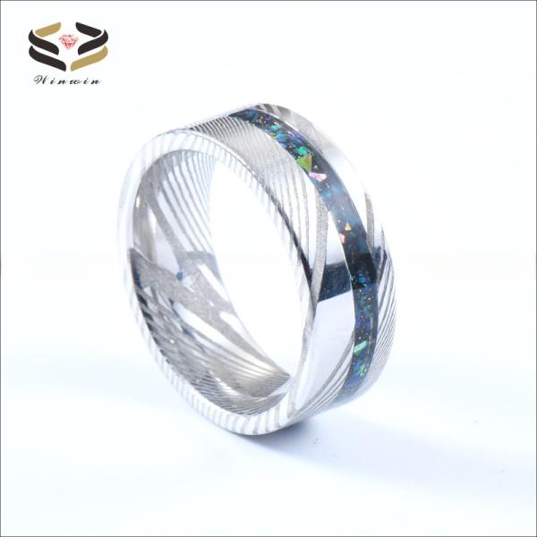 Galaxy Opal Silver Damascus Wedding Band custom Logo 8mm For Men