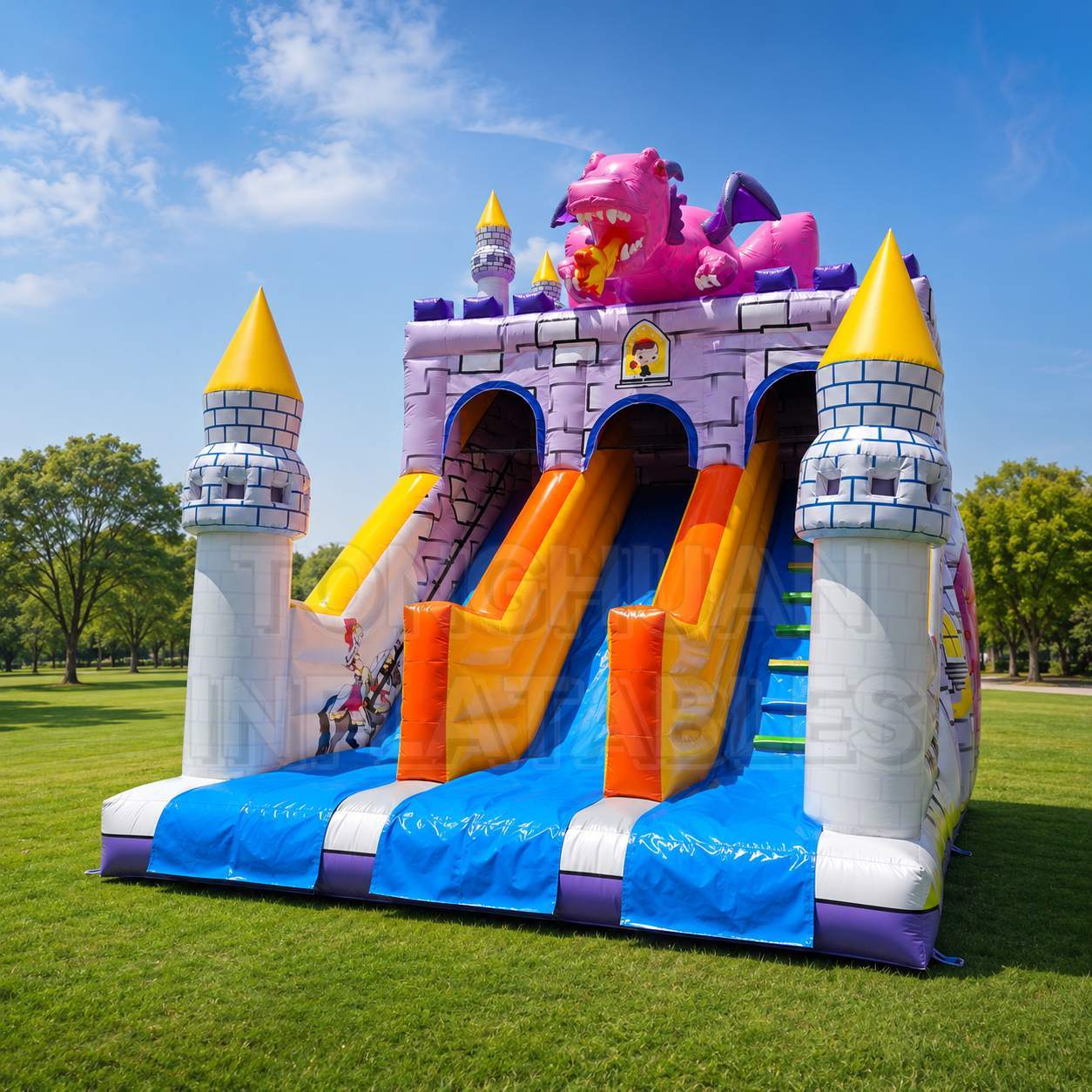 Custom Dragon Castle Inflatable Slide with Dual Lanes Climbing Wall and Tower Design for Kids Party Rental School Carnival and Outdoor Event Projects