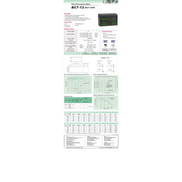 BB Battery BC7-12 12V 7AH UPS Lead Acid Battery, 12V Lead Acid Battery, BB Lead Acid UPS Batteries 12V 7AH