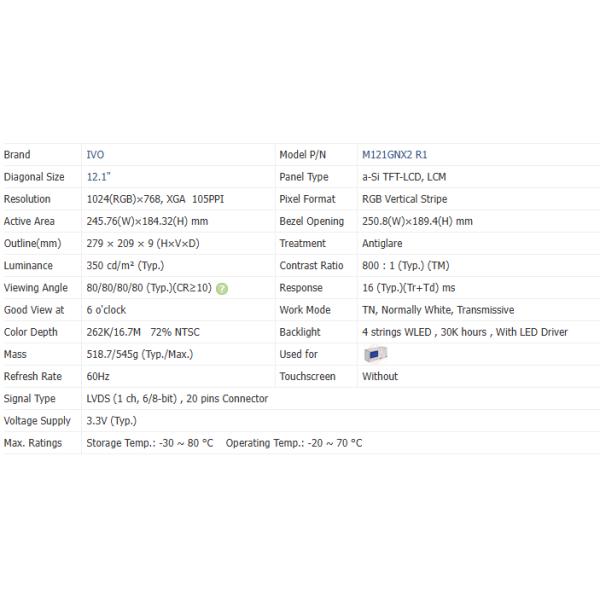 350cd/M2 8 Bit  Touch Tft Lcd -20 ~ 70 Degree  12.1 Lcd Panel M121GNX2 R1