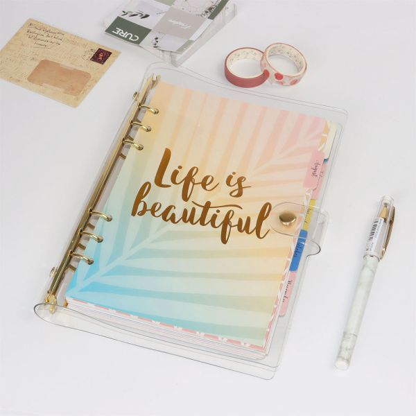A5 A6 clear PVC Binder with 6 Holes , clear PVC Planner Cover with Gold Binder
