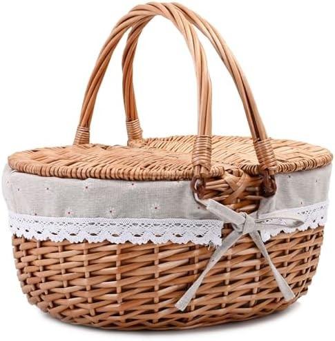 Wicker Picnic Basket with Lid and Handle Sturdy Woven Body with Washable Lining for Easter,Mother's Day,Outdoor Camping