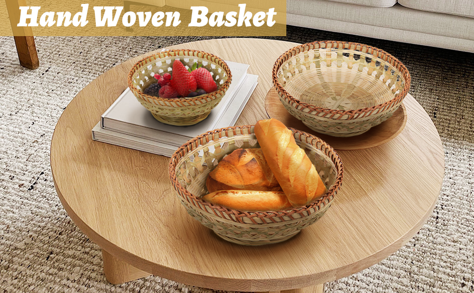 Natural Bamboo Bread Baskets, 3 Pack Hand Woven Round Fruit Baskets For Serving, Handmade Picnic Basket, Wicker Decoration Storage For Living Room Kitchen Restaurant