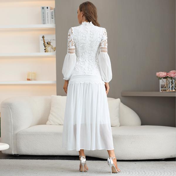 High Neck Ladies Lace Dresses Balloon Long Sleeve Lace Up Dress With Elastic Cuffs