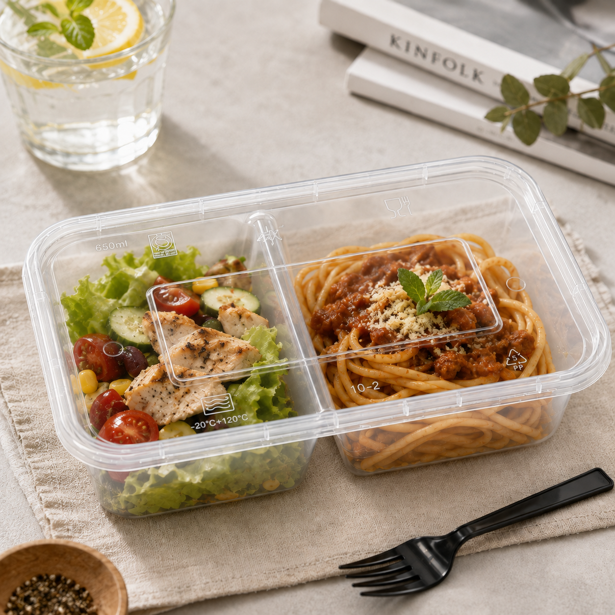 650ml PP Food Containers Two Compartment Balanced Meal Prep Box with Lid