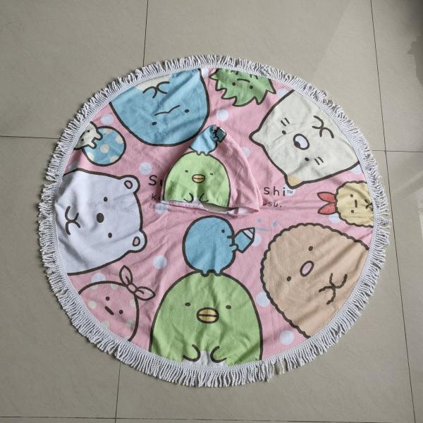 Hotsale round microfiber custom  poncho towel kids printing beach tassel poncho beach towel