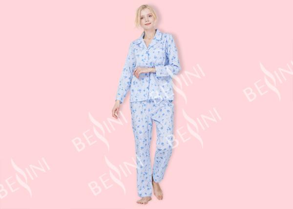 Ladies Brushed Printed Polyester Cotton Button Through Long Sleeve Top Lace Pocket and Long Pants Elastic Waistband