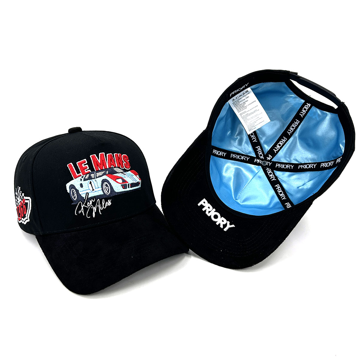 Full Black Suede Cotton Custom Hats 5 Panel 3D Embroidery Blue Lining Baseball Cap