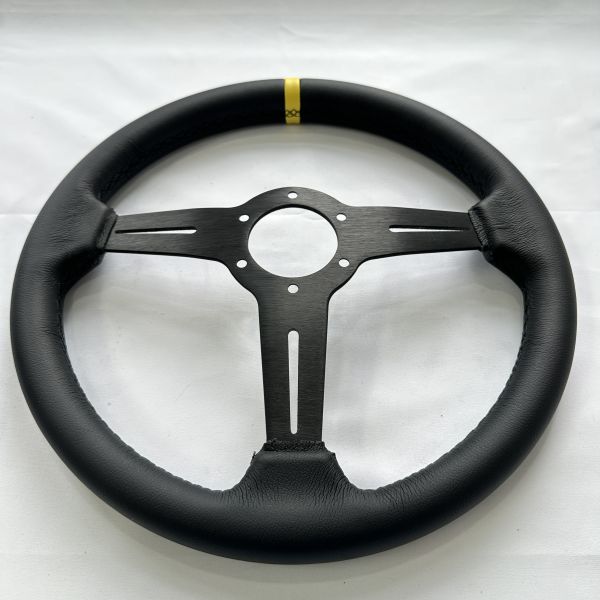 DELUXON 350mm Dia Racing Steering Wheel With 35mm Dish , Black Microfiber Leather , 5 MM 6061 Aluminum Alloy Black Spoke