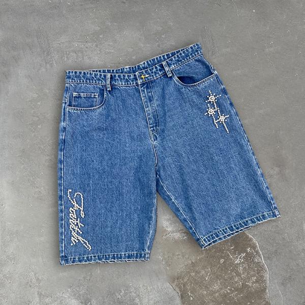 Pantalones cortos de mezclilla personalizados para hombre con estampado de pedrería, pantalones cortos de mezclilla para hombre, transpirables, vintage, ropa de calle, bordados, para verano