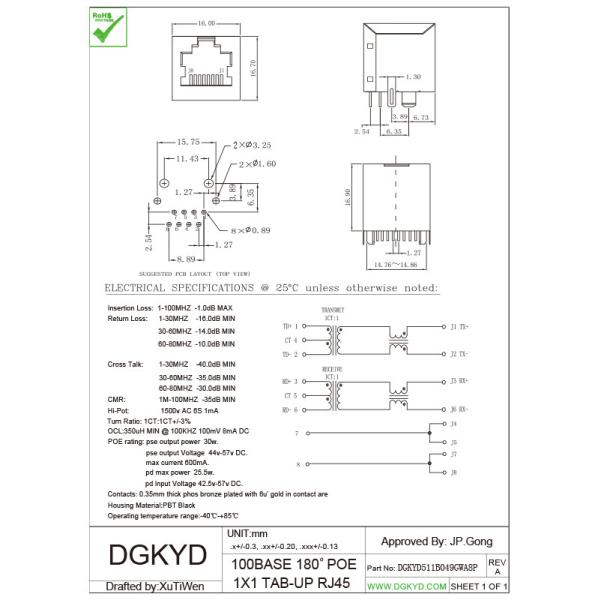 Unshield PoE RJ45 magnetic jack with 100 Base-TX transformer , RJ45 Female Jack