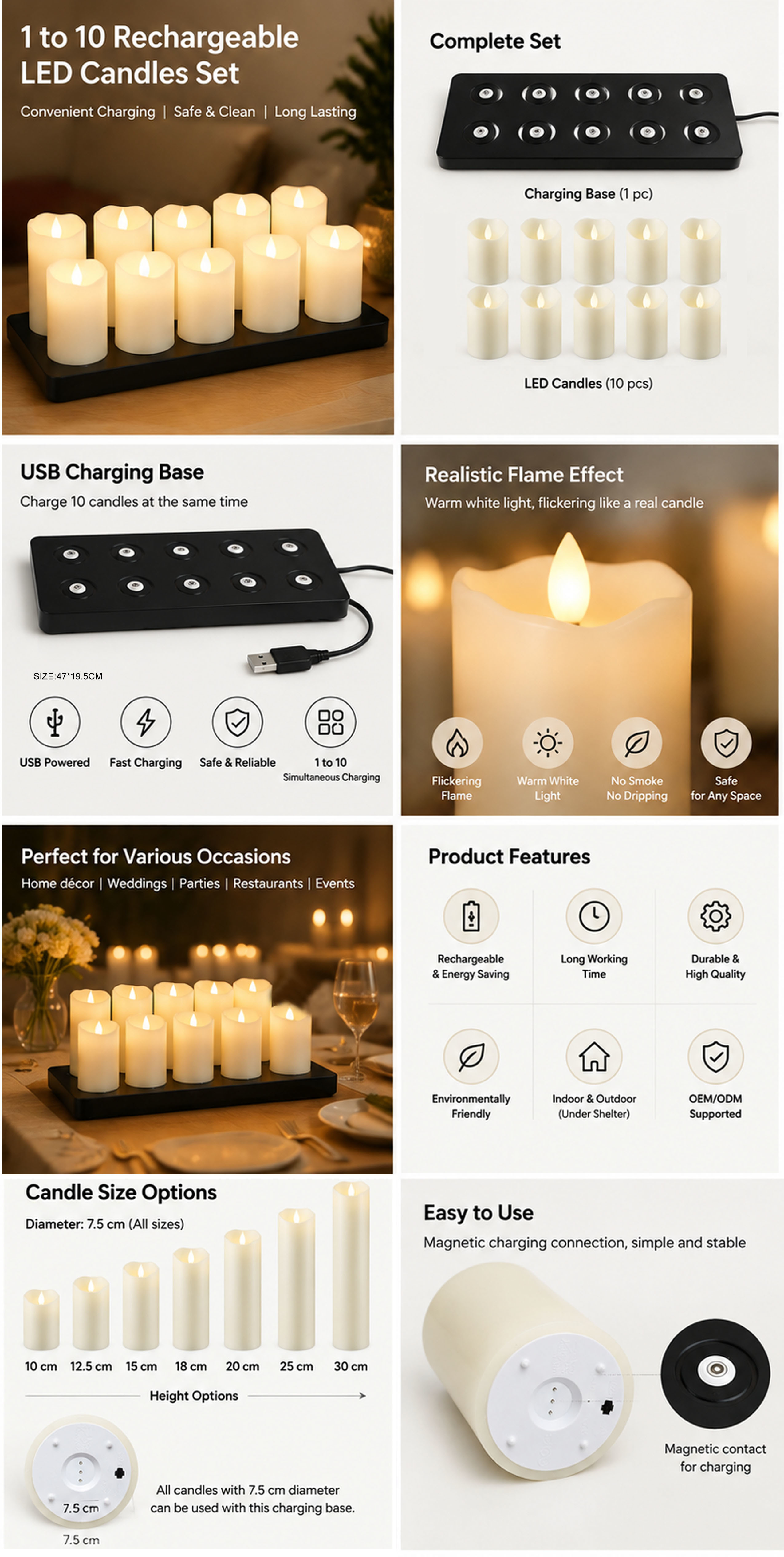 1 to 10 USB Rechargeable Ivory White Real Wax LED Pillar Candle with Flickering LED and Remote Control