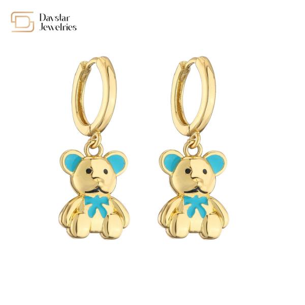 Cute Colorful Enamel Elephant Bear Mushroom Pendant Charm Hoop Earrings 18k