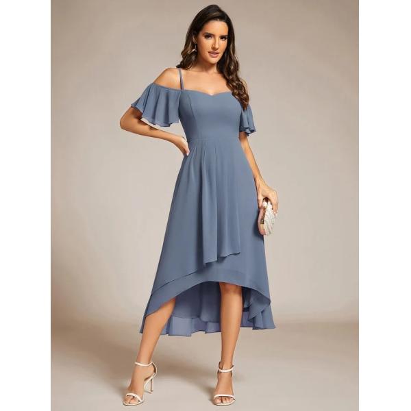 Empire Off-shoulder Spaghetti Strap Zipper High-low Wedding Guest Dresses Short Sleeves Navy Blue Chiffon Party Dress