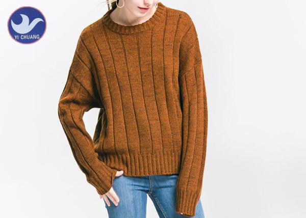 Anti - Pilling Brown Womens Knit Pullover Sweater Soft Rib Knitting Apparel