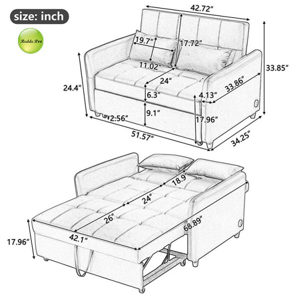 Modern 3-in-1 PU Leather Convertible Sofa Bed with USB Charging Port Space-Saving Pull Out Sofa Bed For Living Room Furniture