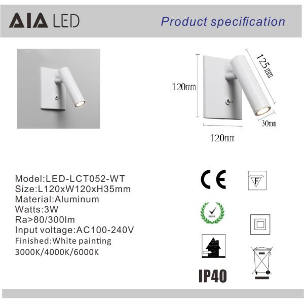 Simple recessed mounted knob switch 3W led wall lamp bed wall reading light for bedroom decoration