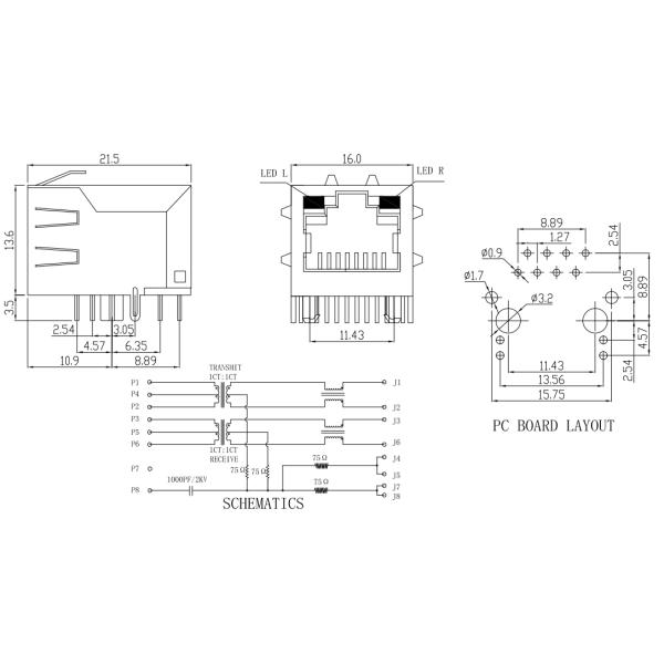 Network Transformer Filter RJ45 Connector With Magnetics ISO9001 / CE Certified