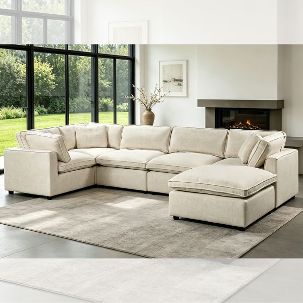 Sectional Modular Sofa with Feather Blend Seat Cushion and Pillows, Beige Fabric