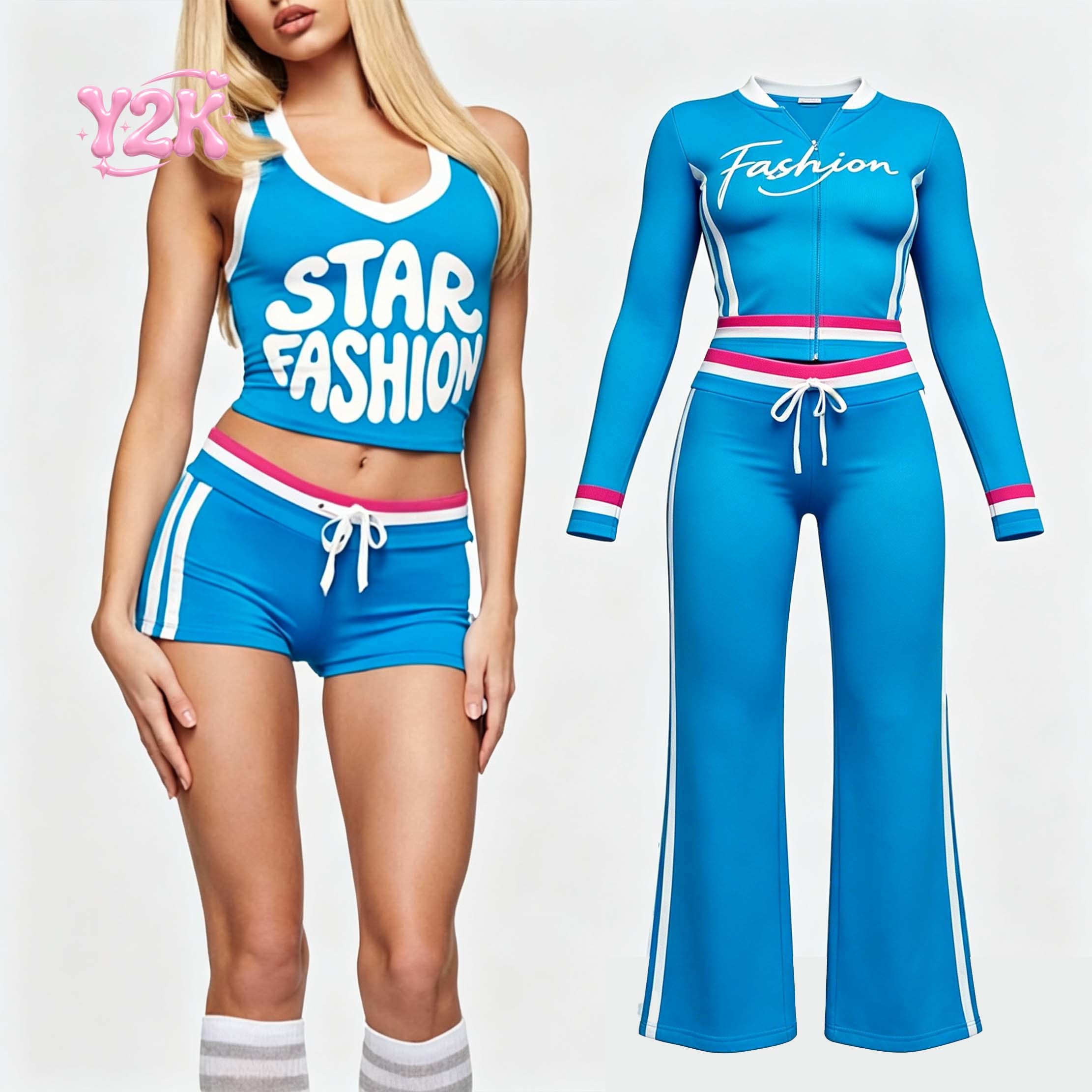Custom Blue Star Print Tank Top & Flare Pants Loungewear Set