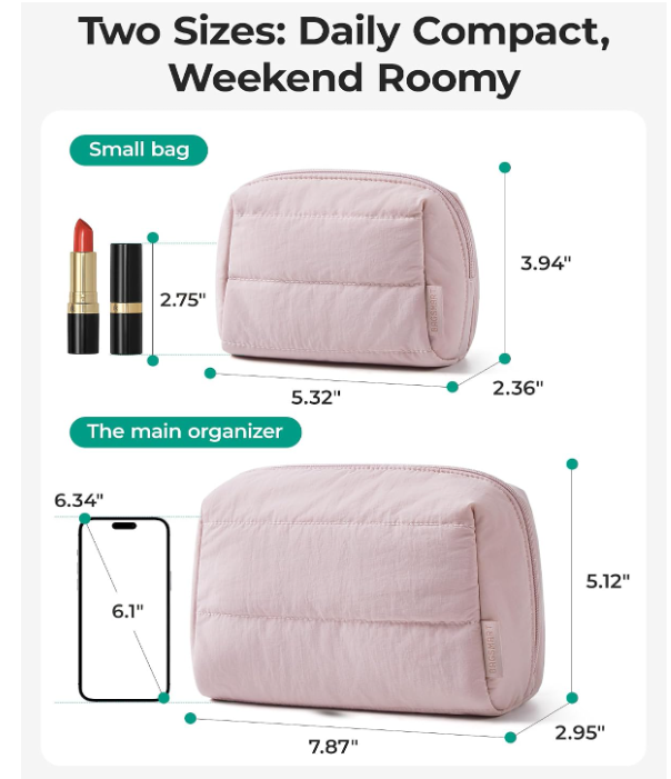 Puffy Padded Travel Makeup Bag Duo Large & Small for Women Puffy Padded, Travel Cosmetic Organizer Set, Large Toiletry Bag & Small Purse Pouch, Travel Essentials