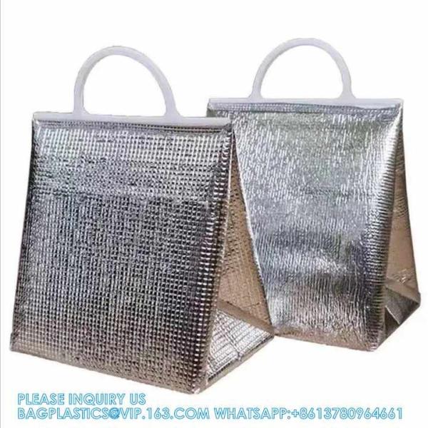 Aluminum Foil Insulated Tote Bags With Plastic Handle Reusable Cooler And Thermal Bag For Food Carry