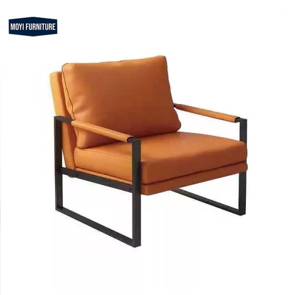 Accent Style Mid Century Living Room Armchair Brown Leather Metal Frame Bedroom Occasional Chair Contemporary Seating