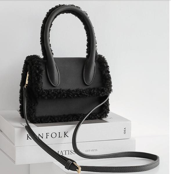18cm Womens Leather Bag Lamb Wool Plush Brown Suede Handbag