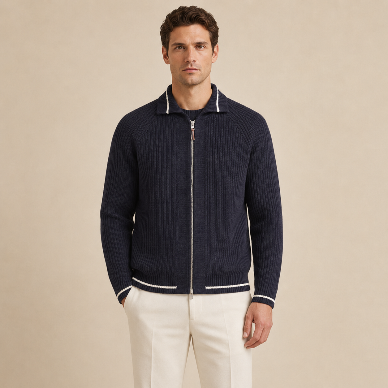 Men's 7 GG 100% Cotton Breathable Knitted Sweater Cardigan with Full Zipper