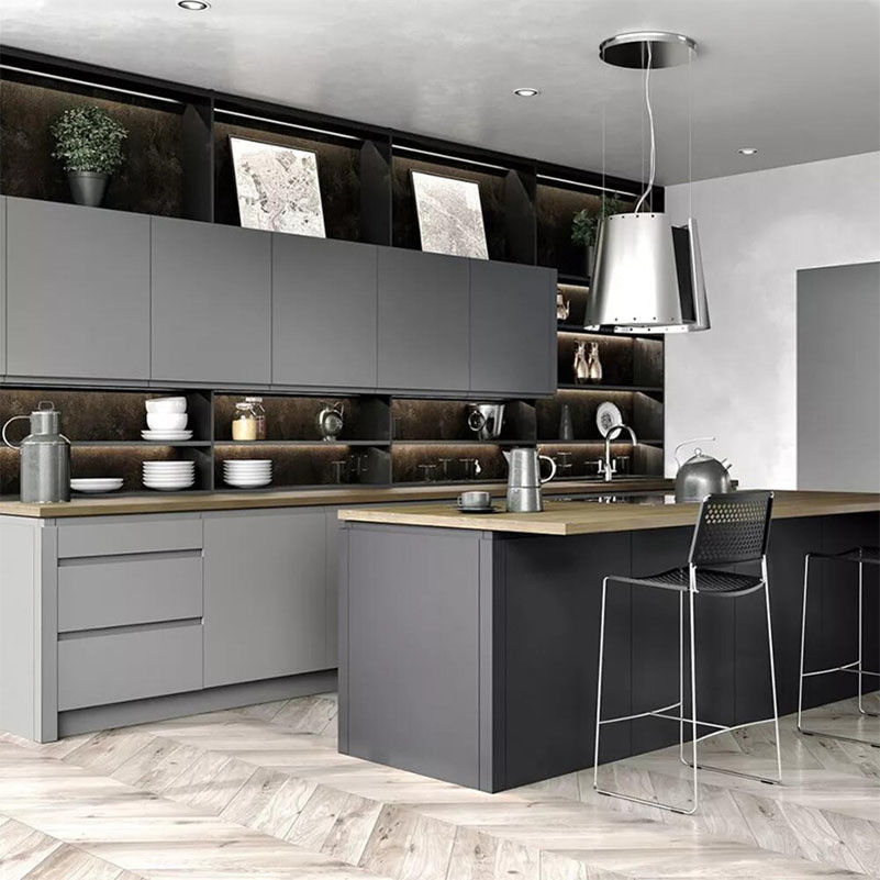 Complete Matte Cabinets Top Veneer Finish and Bottom Lacquer Finish for Modern Kitchen