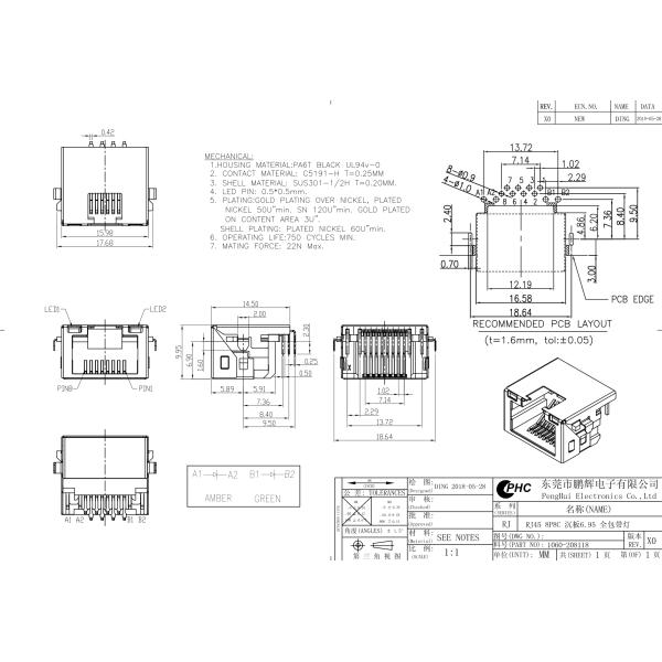 RJ45 Connector 1 Port Mid Mount Connector RJ45 Female Rec Offset 6.95mm